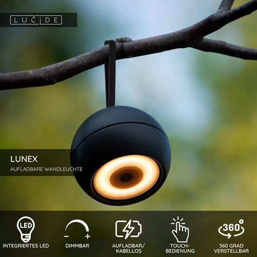 Lucide LUNEX - wiederaufladbare Wandleuchte Innen/Außen - Akku/Batterie - LED Dim. - 1x2W 3000K - IP54 - Magnetisch - Schwarz - USP